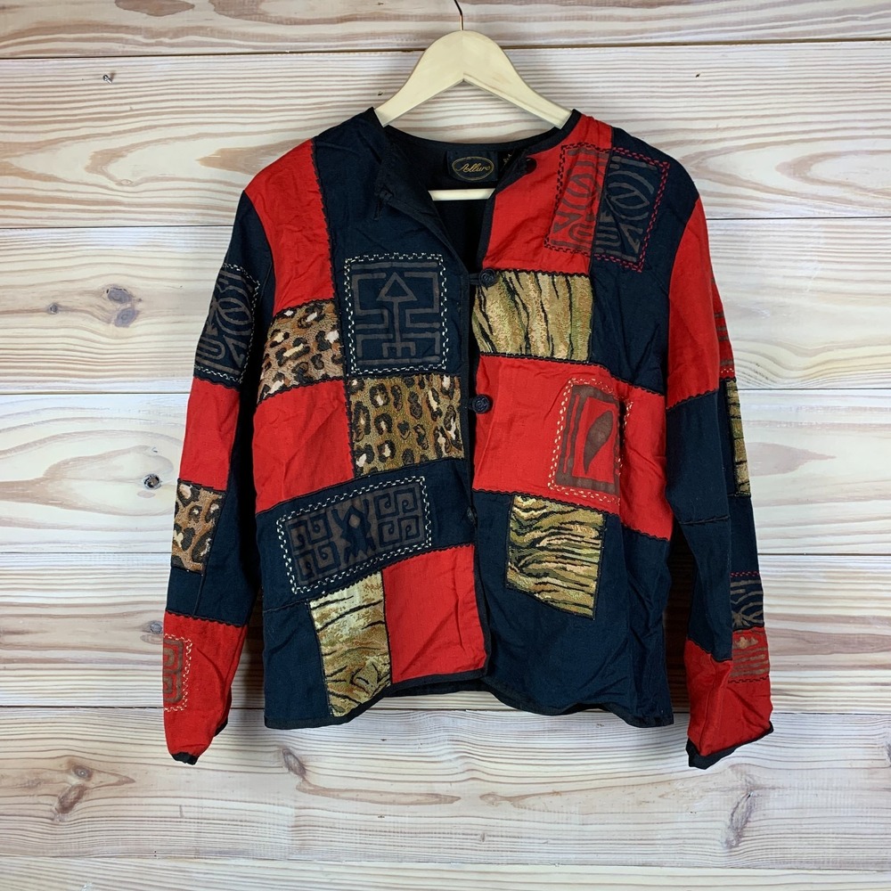 Vtg‎ Allure Jacket Top Women Medium Art To Wear Patchwork Animal Print Toggle